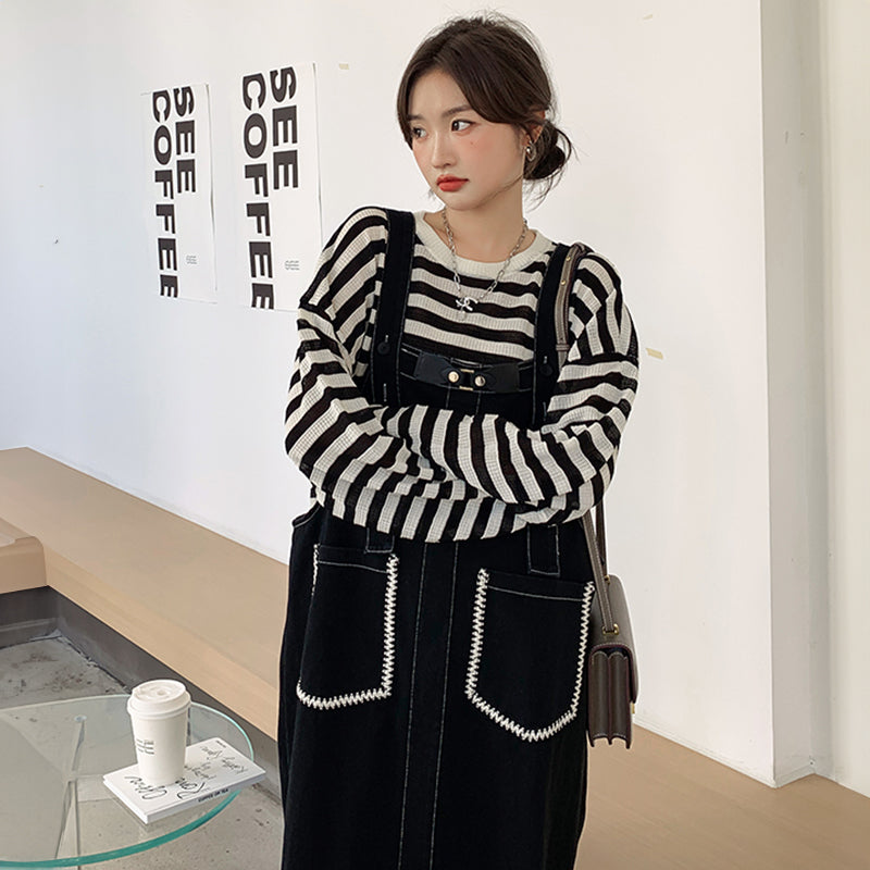 カジュアルボーダートップス×デニムサロペットワンピースセット