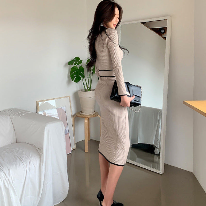 バイカラーラインミドルネックワンピース(2colors)