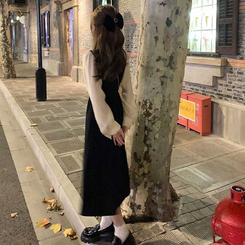 パフスリーブ切替ロングワンピース