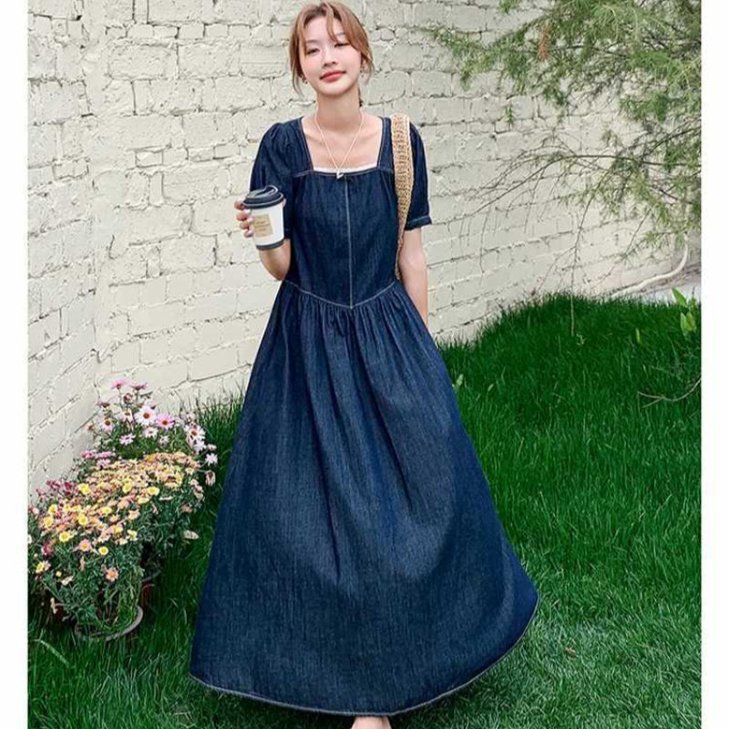 スクエアネックマキシ丈デニムワンピース