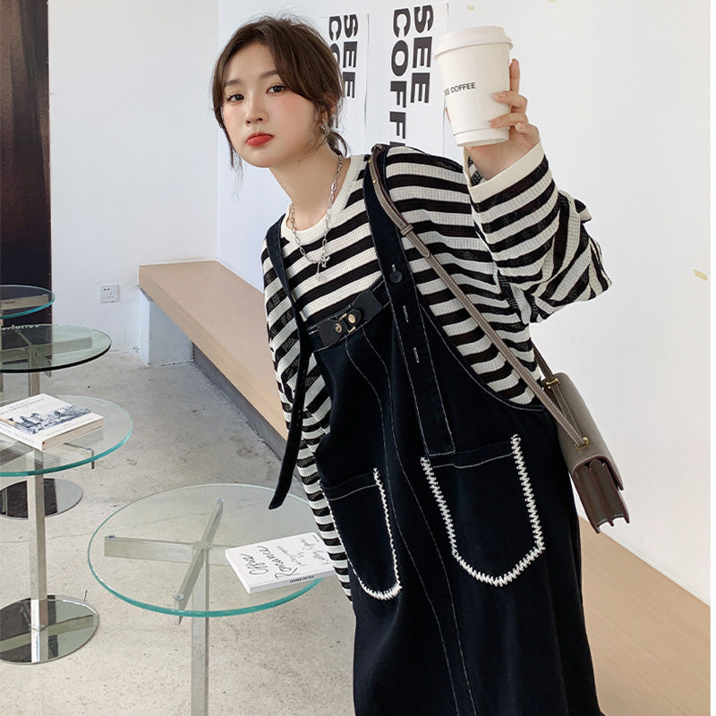 カジュアルボーダートップス×デニムサロペットワンピースセット