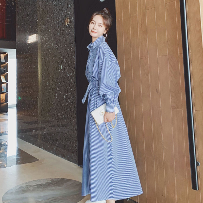 【即納】ブルーストライプシャツワンピース