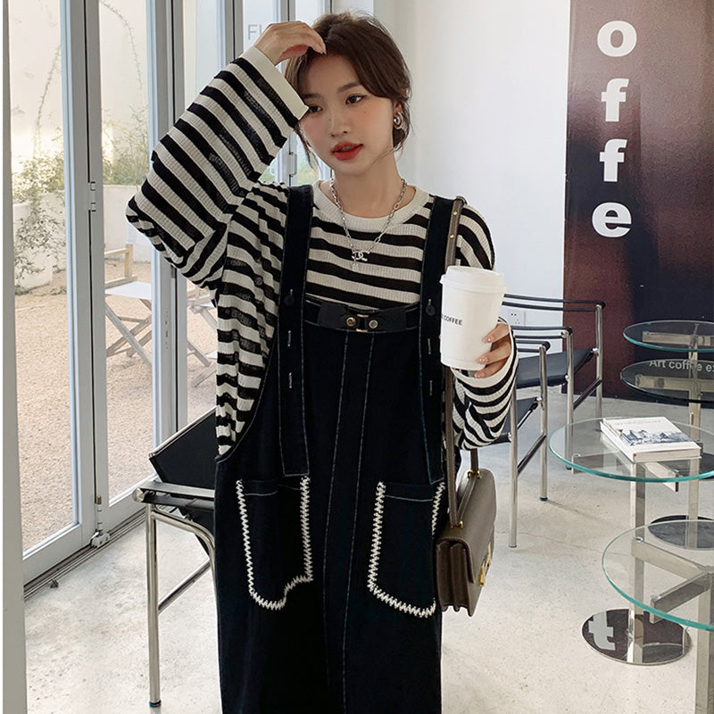 カジュアルボーダートップス×デニムサロペットワンピースセット