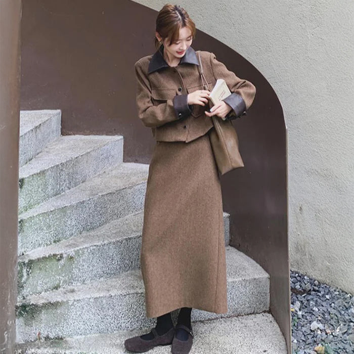 モカブラウンウールジャケット×スカートセットアップ