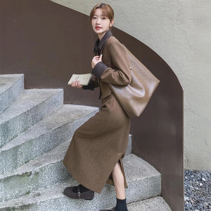 モカブラウンウールジャケット×スカートセットアップ