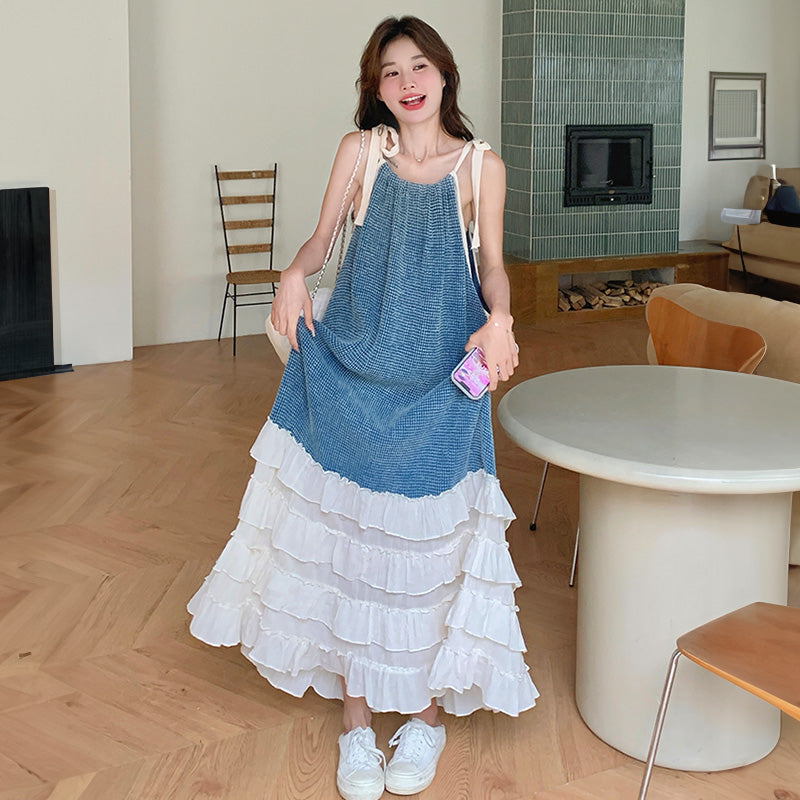 リボンキャミソール切り替えティアードワンピース