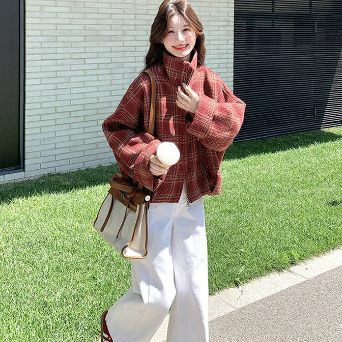 ブロックチェックショートコート