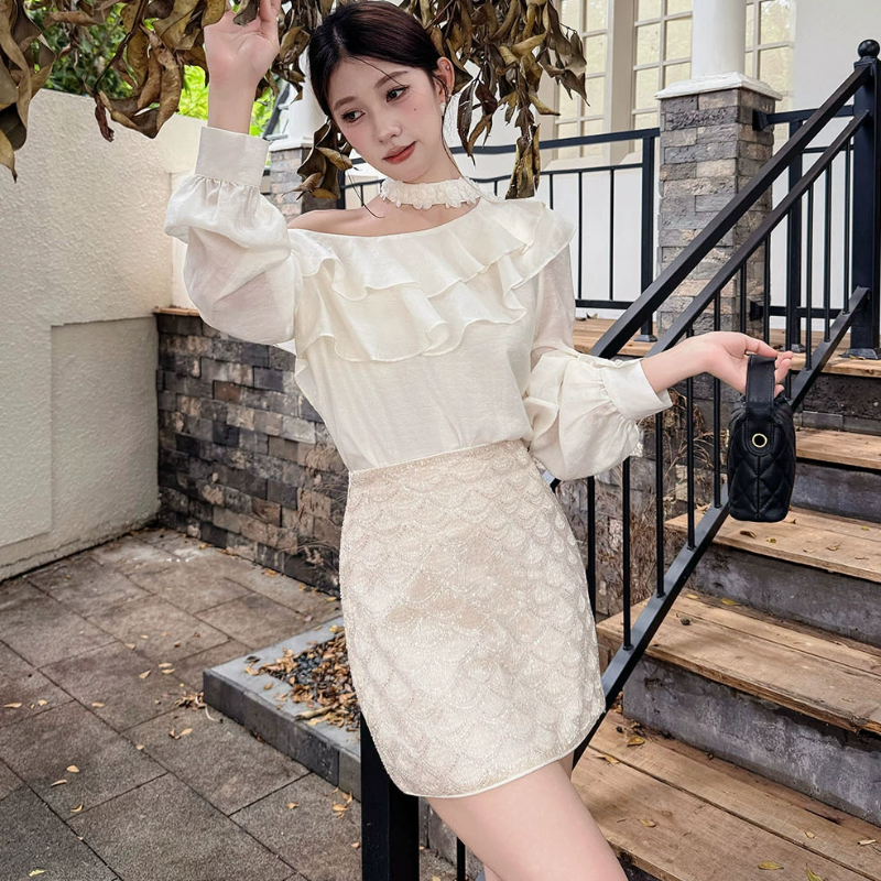 ワンショルダーフリルカラーブラウス(3colors)