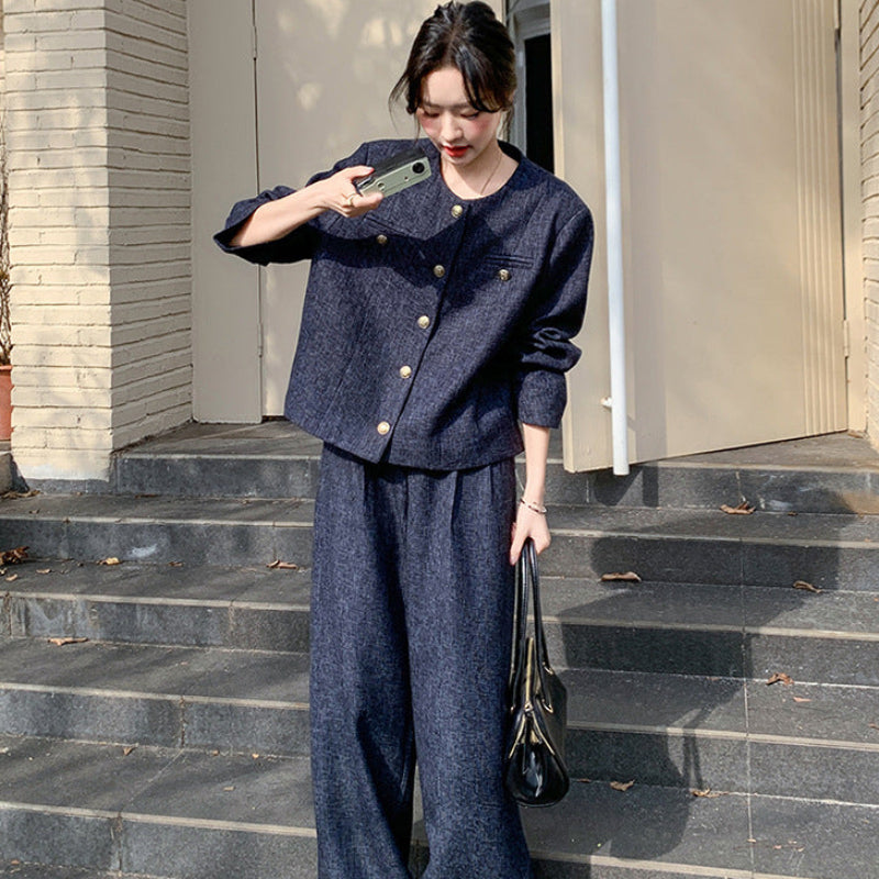 ノーカラージャケット×ワイドパンツセット