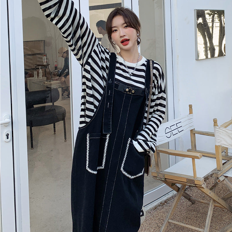 カジュアルボーダートップス×デニムサロペットワンピースセット