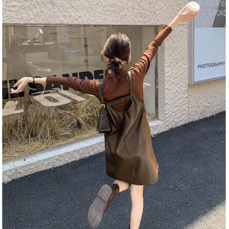 タートルトップス×PUレザーワンピースセット(2colors)