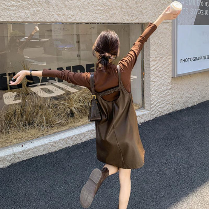 タートルトップス×PUレザーワンピースセット(2colors)