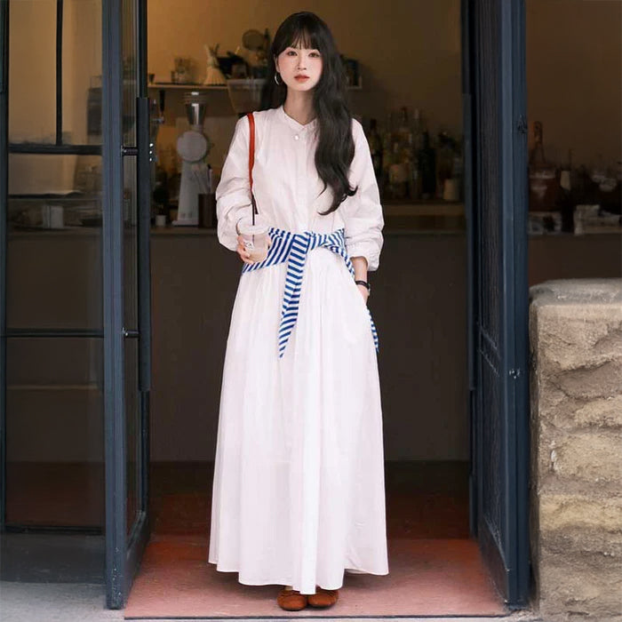 ストライプショール付きホワイトワンピース（白）春/夏 爽やかな着こなし