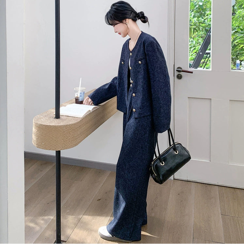 ノーカラージャケット×ワイドパンツセット