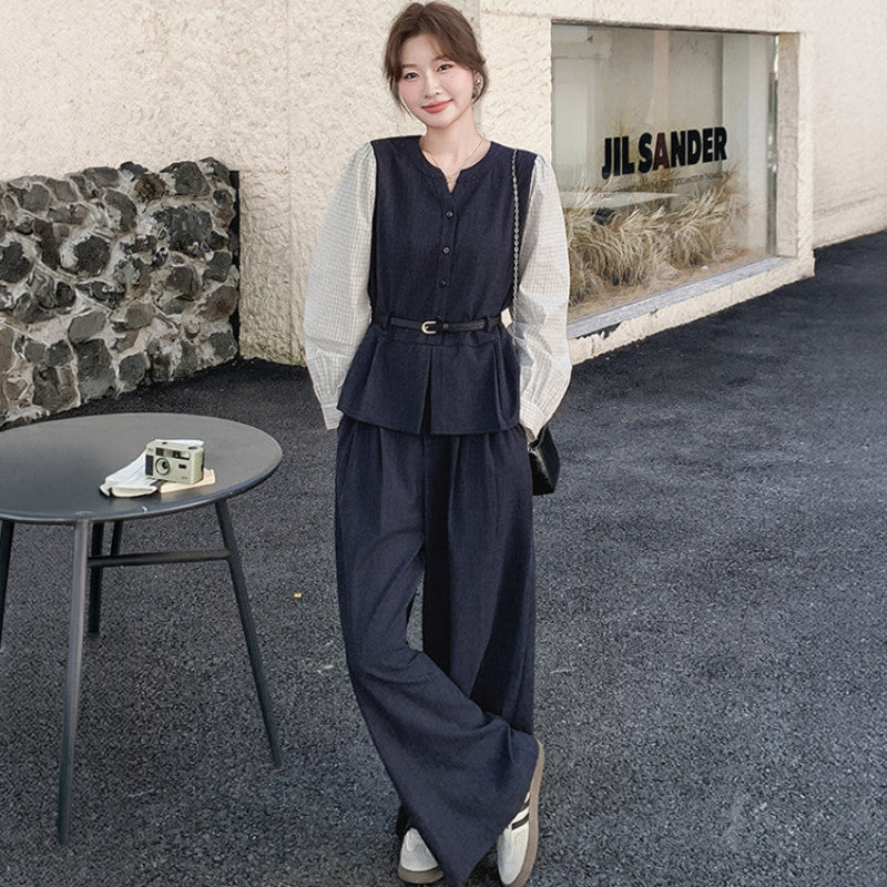 ブラウスドッキングベスト×ワイドパンツセット