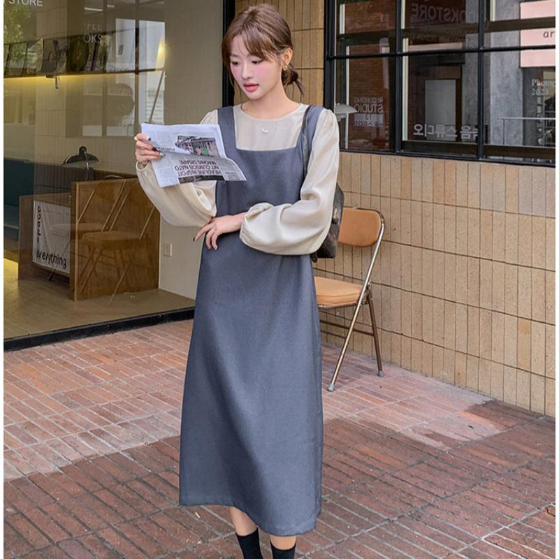 ノーカラーブラウス×バックリボンワンピースセットアップ