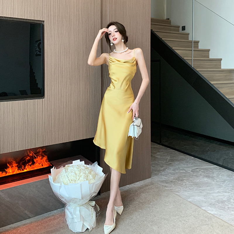 エレガントサテンアシンメトリードレス