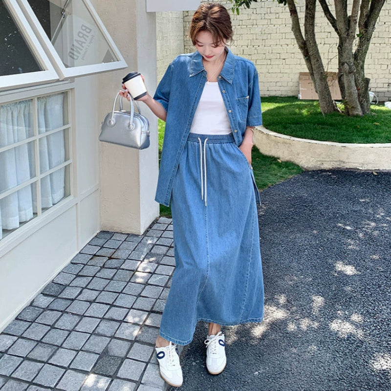 デニムシャツ×スカートセットアップ