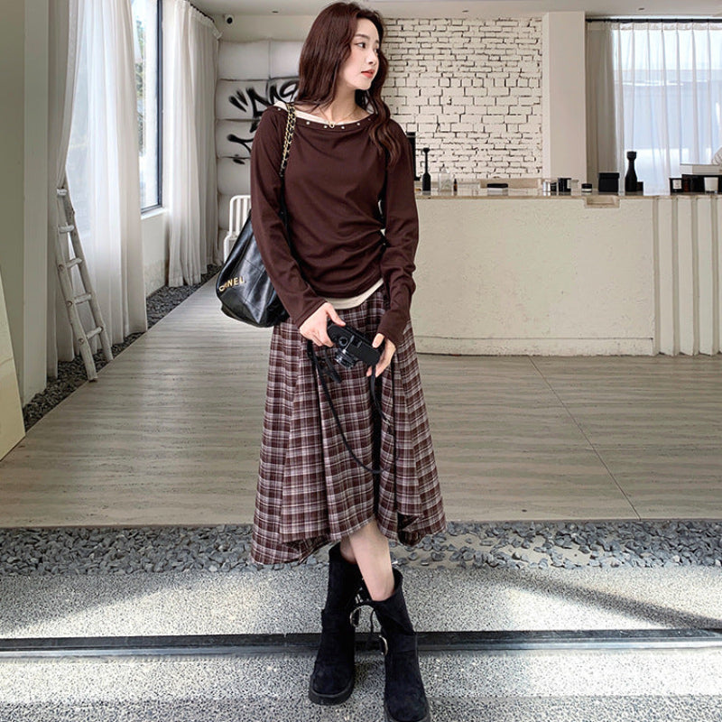 レイヤードトップス×チェックスカートセット(2colors)