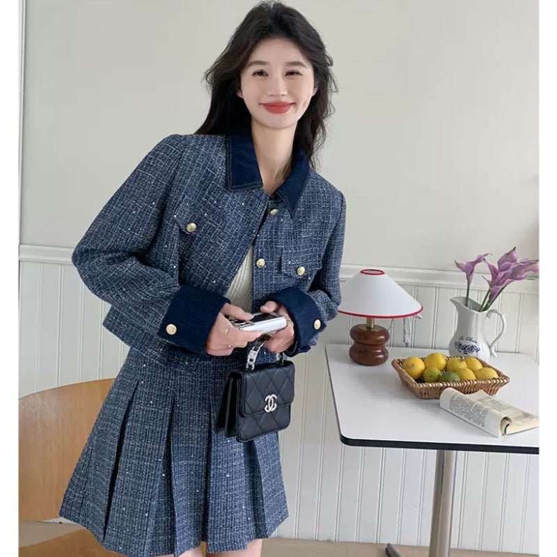 レトロブルージャケット×プリーツミニスカートセット