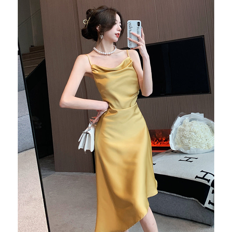 エレガントサテンアシンメトリードレス