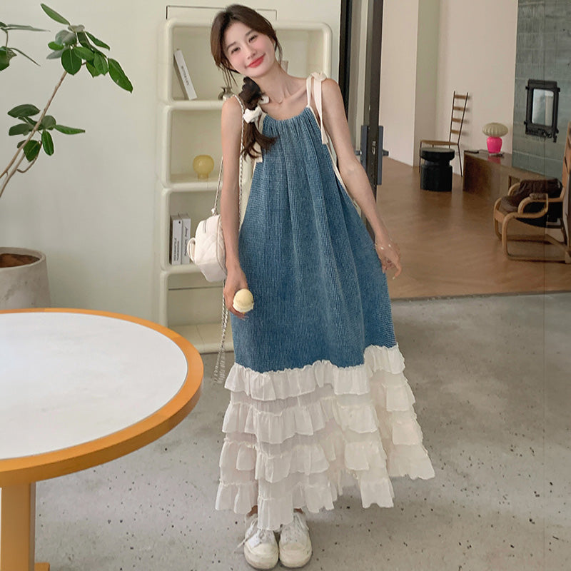 リボンキャミソール切り替えティアードワンピース