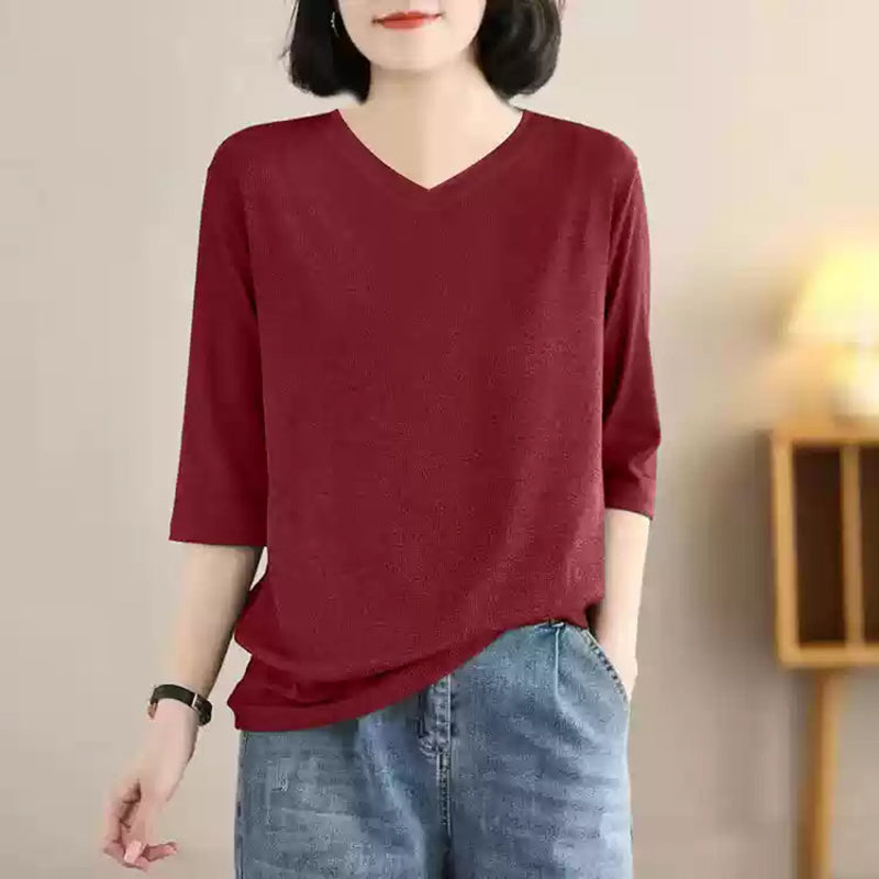 5colorsVネック五分袖ニットトップス