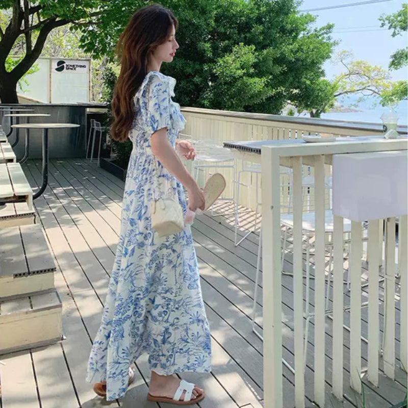 ラッフルカラーボタニカルプリントワンピ