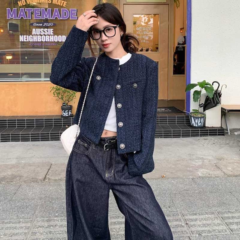 ノーカラーネイビーツイードジャケット