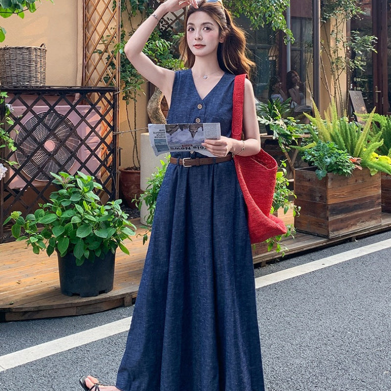 ノーカラーデニムワンピース
