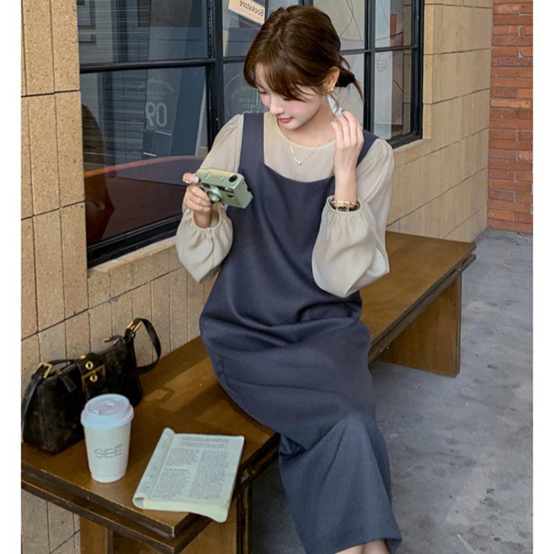 ノーカラーブラウス×バックリボンワンピースセットアップ