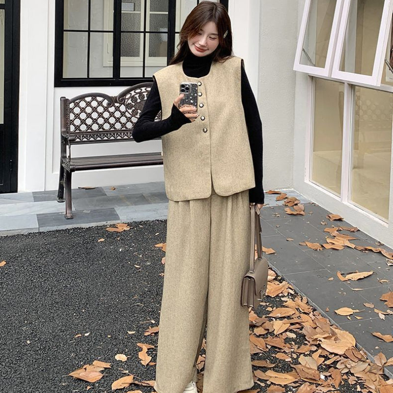 フロントボタンベスト×ワイドパンツセット