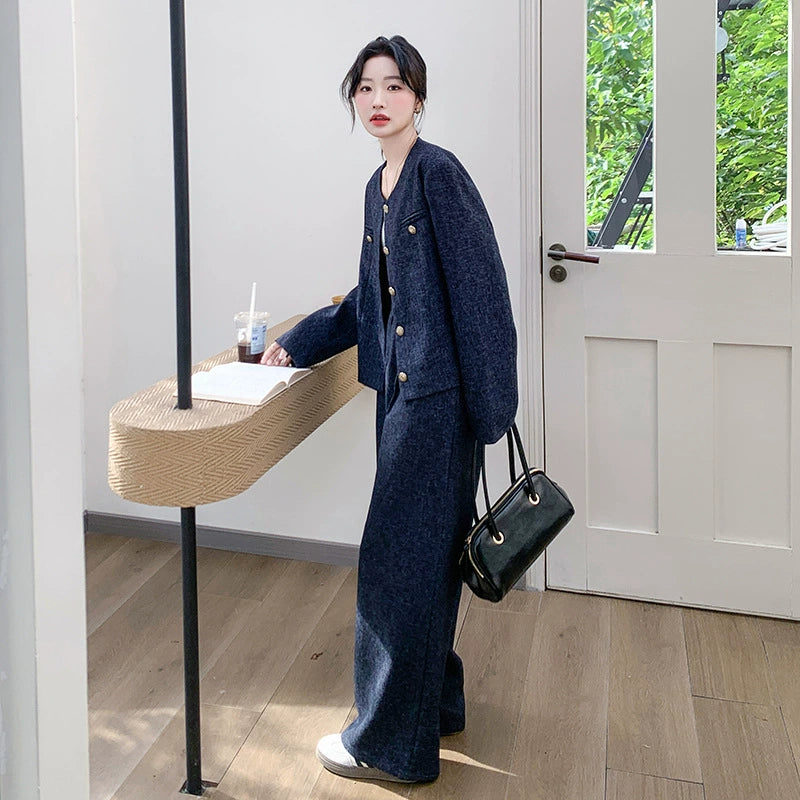 ノーカラージャケット×ワイドパンツセット