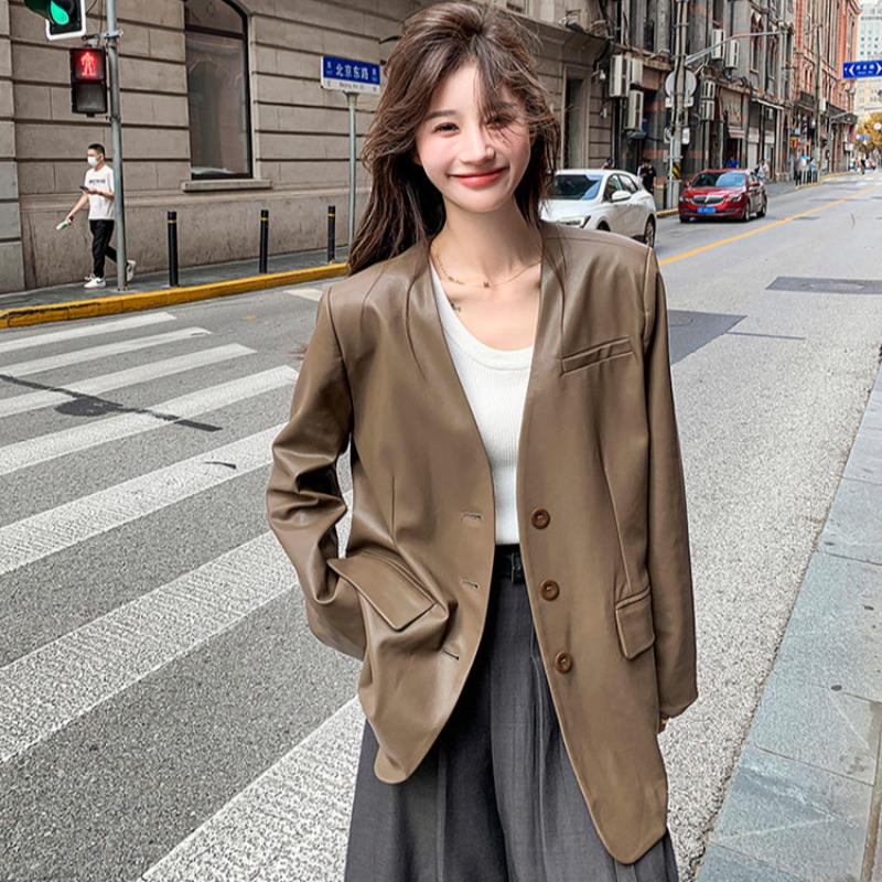 ノーカラーVラインPUレザージャケット