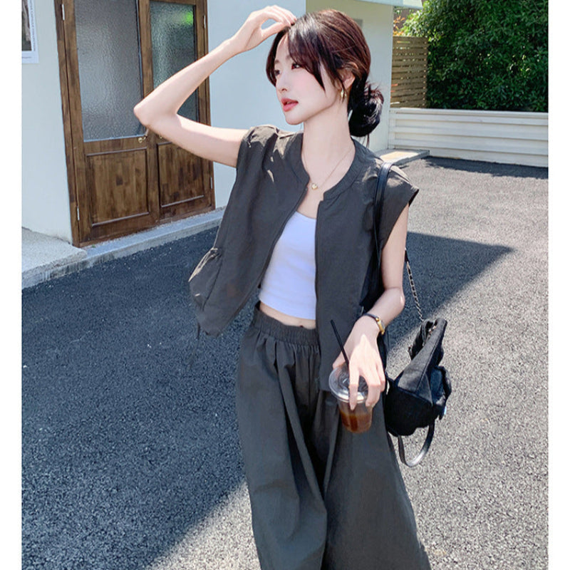 ノースリーブファスナートップス×ワイドレッグパンツセット