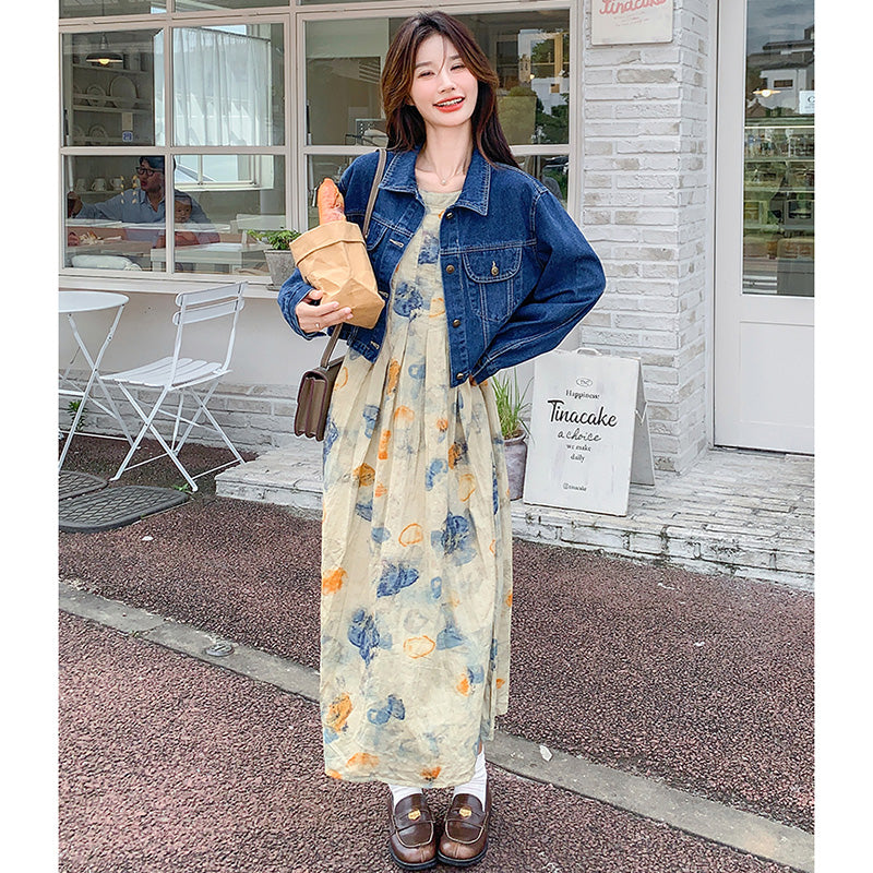 ショート丈デニムジャケット×装飾プリントノースリーブワンピースツーピース