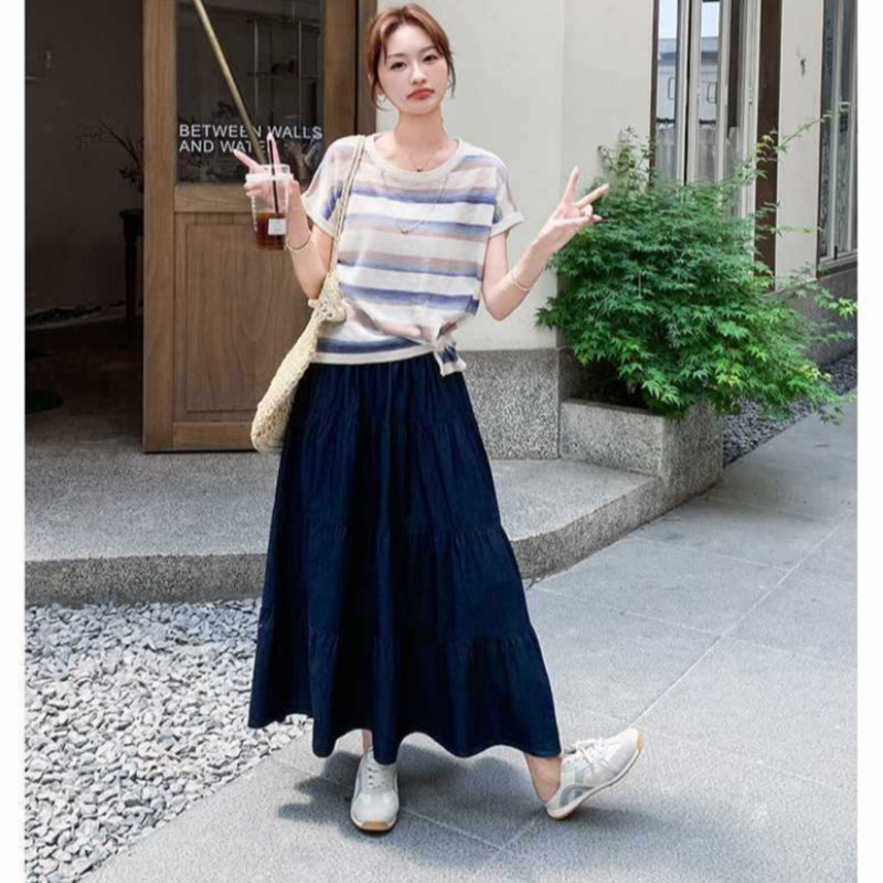 ボーダーTシャツ×デニムスカートセットアップ