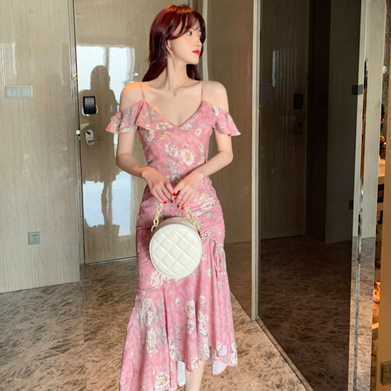 シフォンフラワープリントドレス