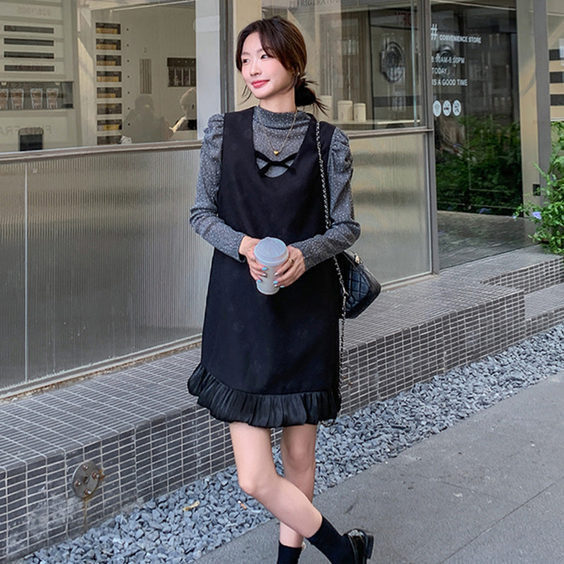 パフスリーブ×裾フリルミニワンピース