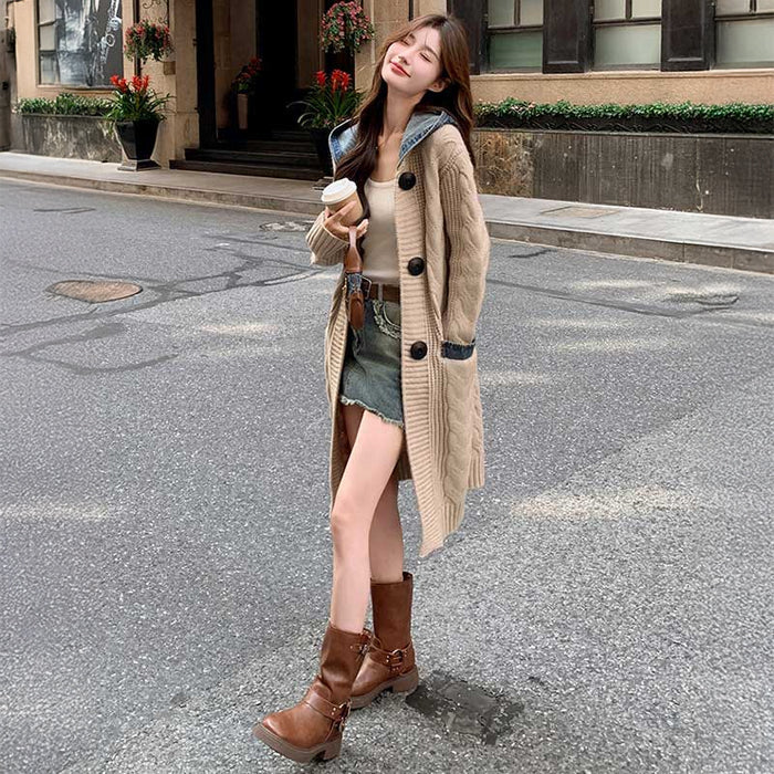 フード付きケーブルロングカーディガン