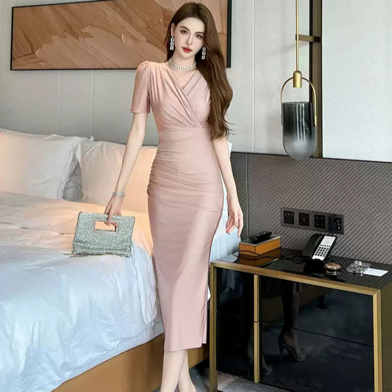 カシュクールサイドスリットドレス(3colors)