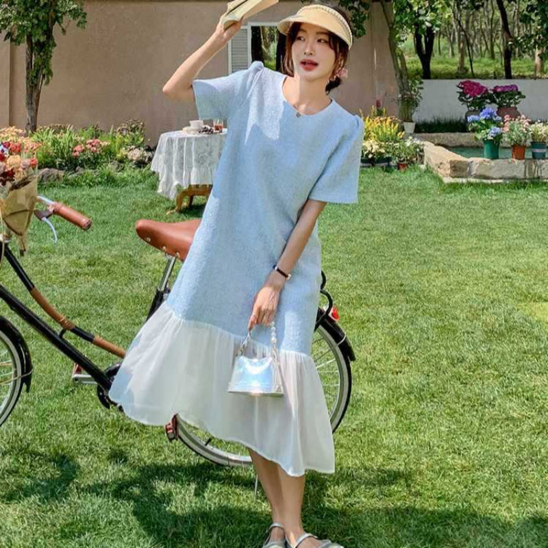 【即納】ハーフスリーブ裾レースワンピース