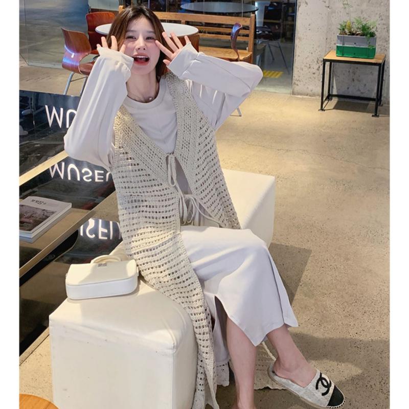 レースロングカーディガン×サイドスリットワンピース