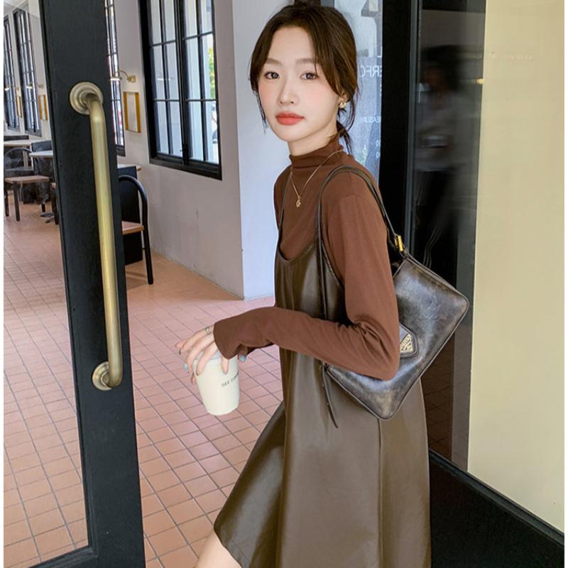 タートルトップス×PUレザーワンピースセット(2colors)