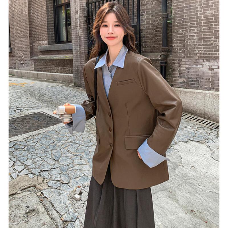 ノーカラーVラインPUレザージャケット