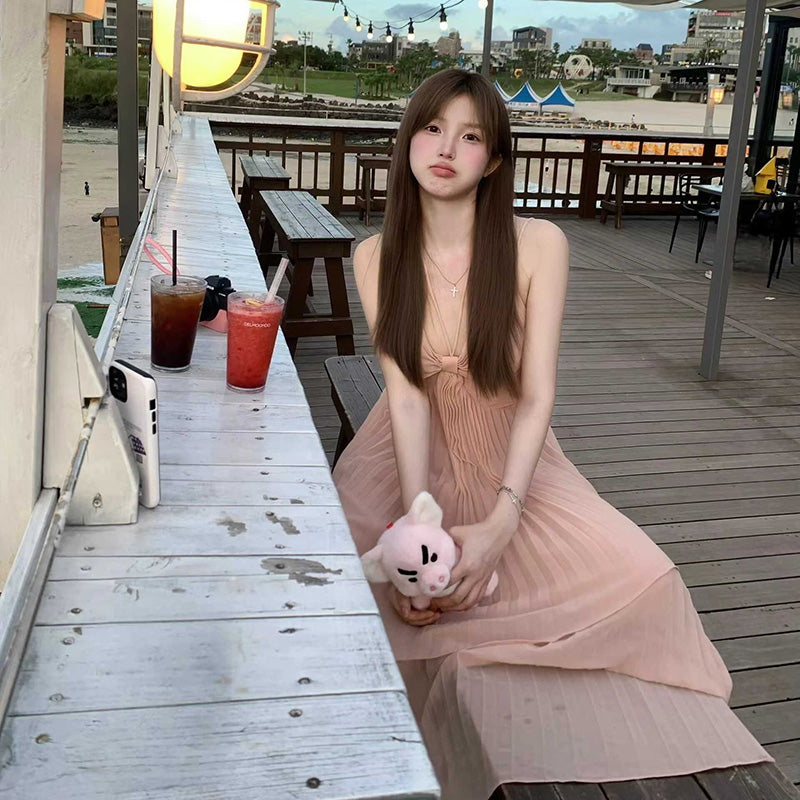 フェイクレイヤードプリーツドレス