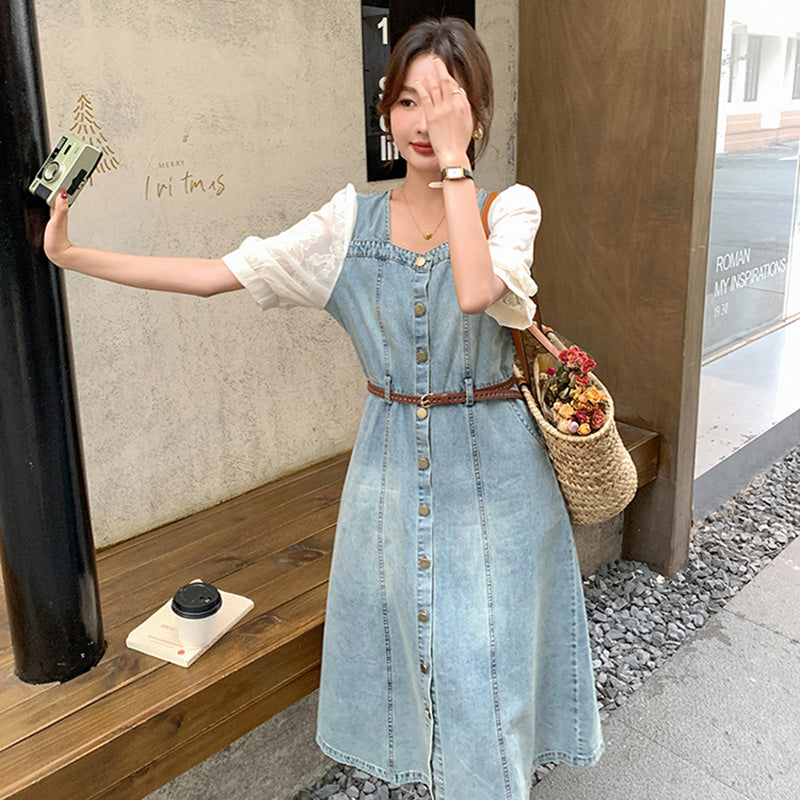 パフスリーブ切り替えデニムワンピース