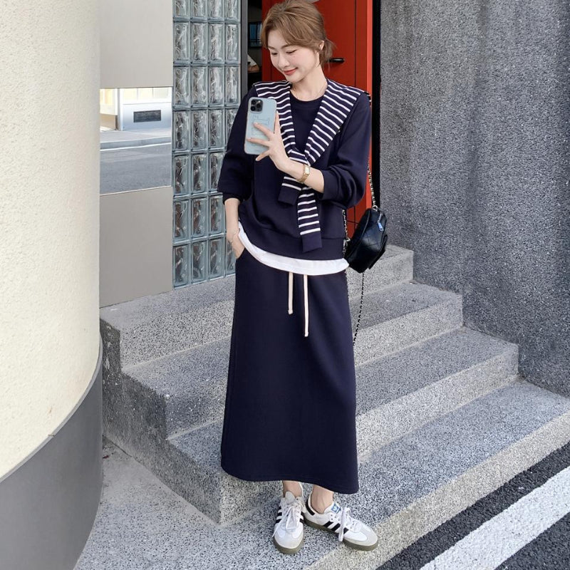 ボーダーショール付きスウェット×スカートセットアップ(2colors)