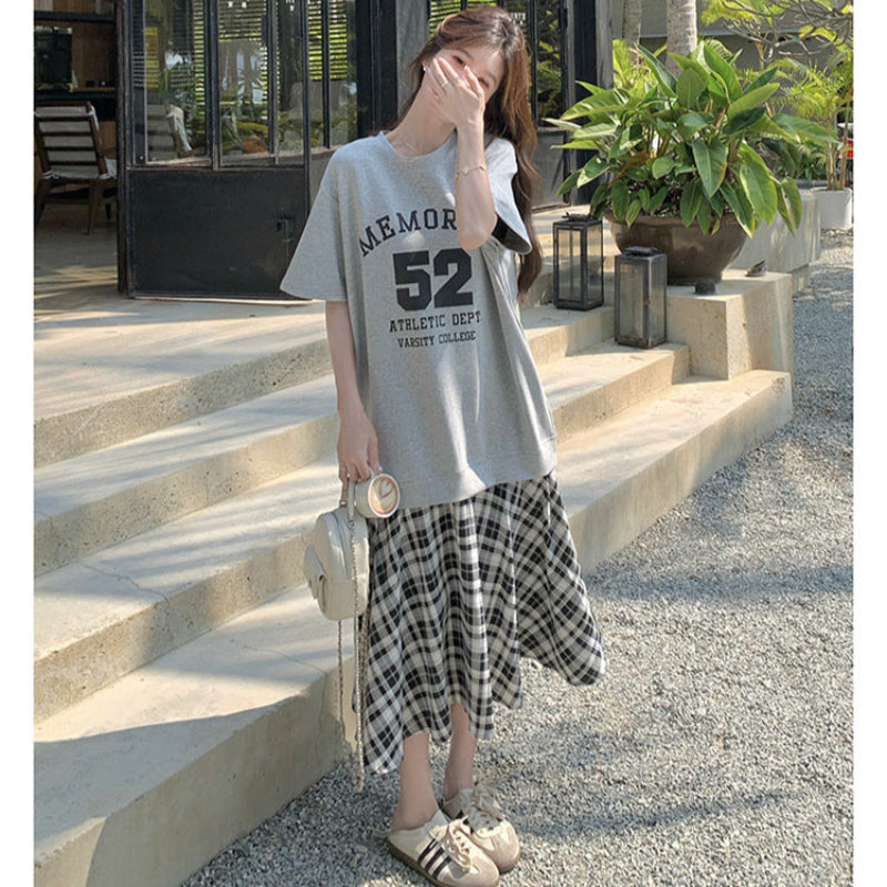 Tシャツ×チェックスカートドッキングワンピース