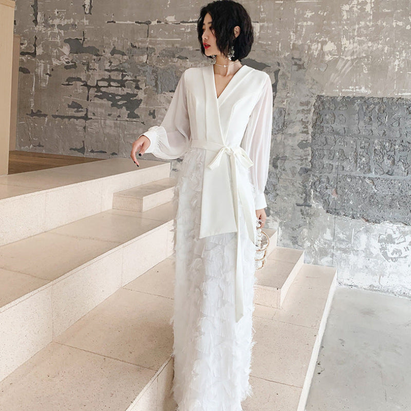 ショールカラーフェザー切り替えドレス(2colors)